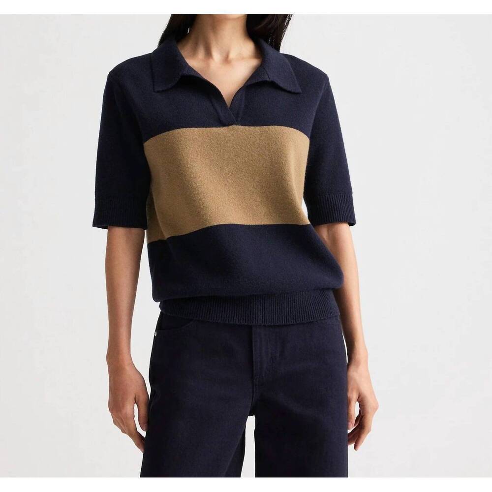NEW TWP slightly oversized polo top in blueberry / ermine